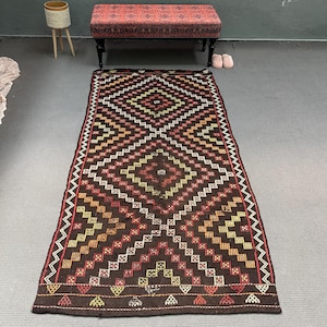 Embroidered Kilim, Turkish Kilim, Vintage Kilim, Anatolian Kilim, Rugs For Bedroom, 3.9x8 ft Brown Kilim, Vintage Turkish Kilim, Oushak Rug,