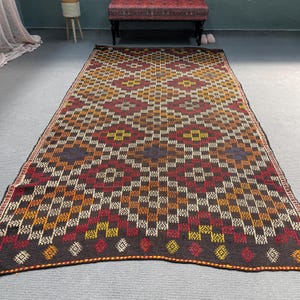Large Kilim, Vintage Kilim, Turkish Kilim, Antique Embroidered Kilim, Rugs For Dining Room, 5.2x10.1 ft Brown Kilim, Authentic Wool Kilim,