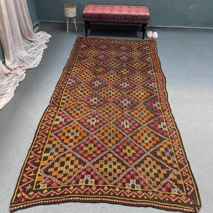 Vintage Kilim, Turkish Kilim, Large Kilim, Anatolian Kilim, Rugs For Living Room, 5.1x10.5 ft Brown Kilim, Colorful Embroidered Kilim