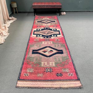 Turkish Rug, 4x11 Runner Rugs, Herki Rug, Vintage Rug, Antique Rug, Rugs For Stair, 3.1x11 ft Pink Rug, Turkish Rug With Geometric Patterns,