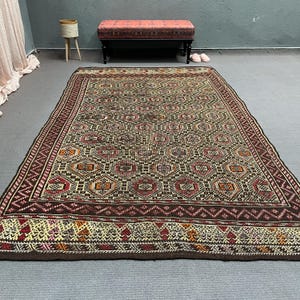 Turkish Kilim, Embroidered Kilim, Vintage Kilim, Anatolian Kilim, Rugs For Bedroom, 5.8x9.7 ft Brown Kilim, Kilim With Geometric Patterns
