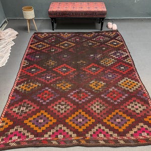 Turkish Kilim, Large Kilim, Vintage Embroidered Kilim, Antique Kilim, Rugs For Salon, 6.3x8.3 ft Brown Kilim, Kilim With Geometric Patterns