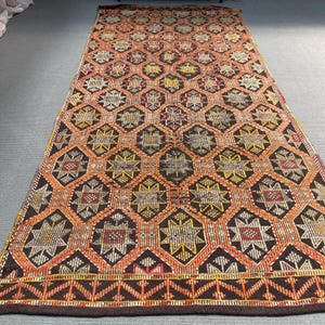 Vintage Embroidered Kilim, Large Kilim, Turkish Kilim, Anatolian Kilim, Rugs For Salon, 4.9x10.4 ft Brown Kilim, Soft Washable Oushak Rug,