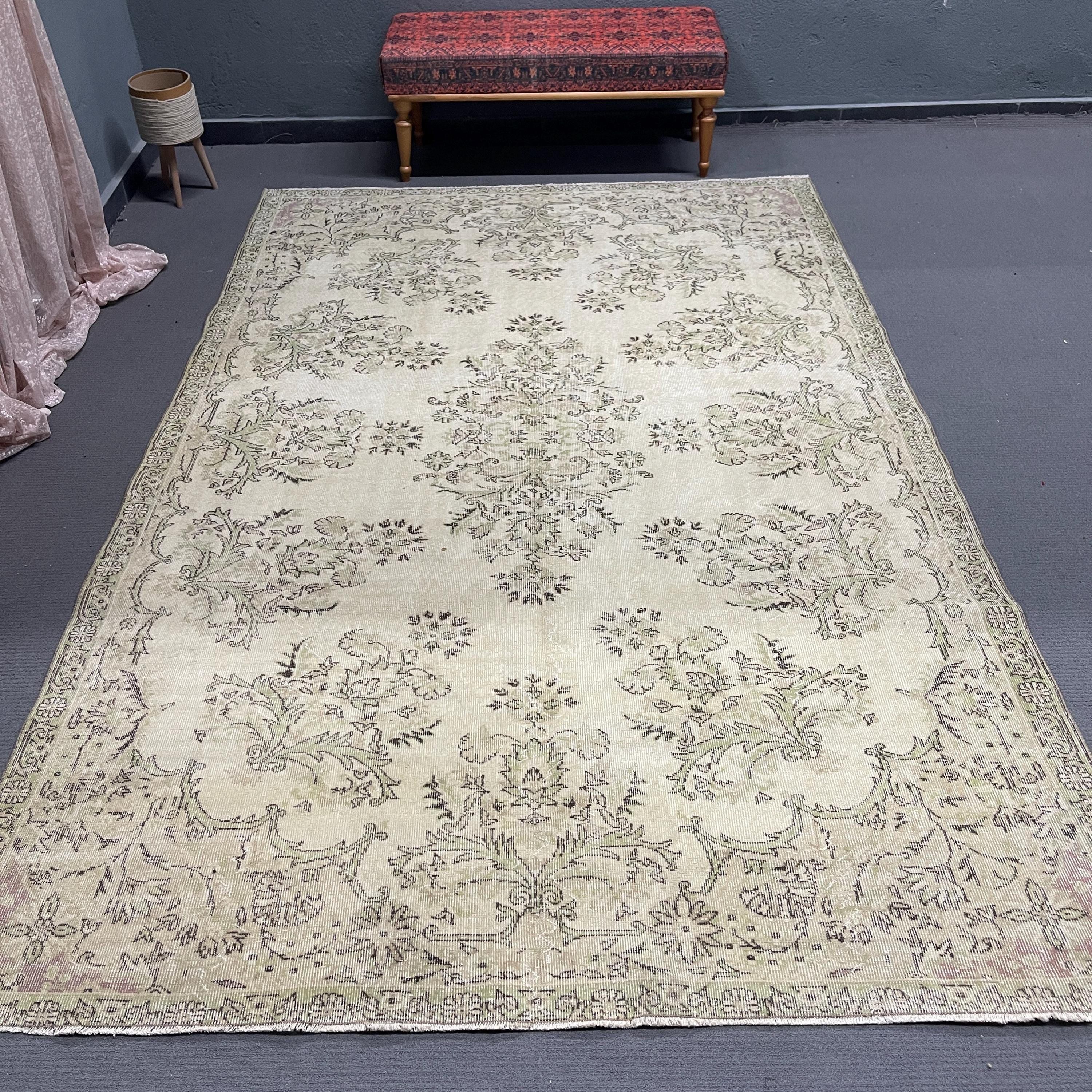Turkish 6.9x10.5 Ft Rug, Oversize Vintage Rug, Gray Black Ombré