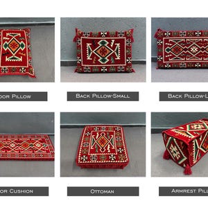 May include: Six different red and white patterned cushions and ottomans with fringe trim. The cushions are labelled "Floor Pillow", "Back Pillow-Small", "Back Pillow-Large", "Floor Cushion", "Ottoman", and "Armrest Pillow".