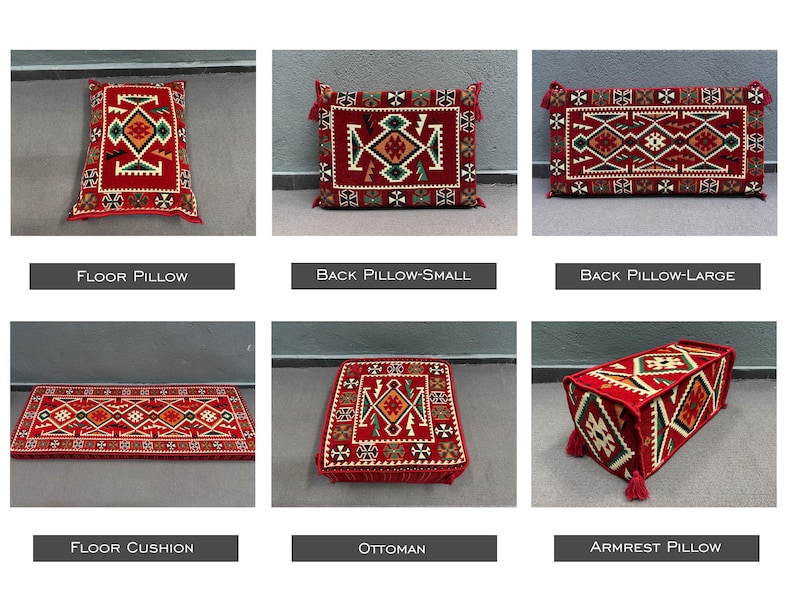 May include: Six different red and white patterned cushions and ottomans with fringe trim. The cushions are labelled "Floor Pillow", "Back Pillow-Small", "Back Pillow-Large", "Floor Cushion", "Ottoman", and "Armrest Pillow".