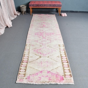 Turkish Runner Rug, Vintage Oushak 3x10 ft, Pink Geometric Organic Decor, Handmade Anatolian Wool Hallway Carpet