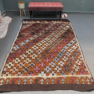 Large Kilim, Turkish Kilim, Vintage Kilim, Embroidered Anatolian Kilim, Rugs For Bedroom, 5.8x8.7 ft Brown Kilim, Ivory Flatweave Rug,
