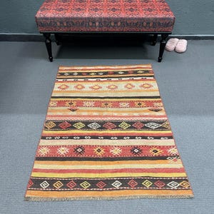 Small Kilim, Turkish Kilim, Vintage Kilim, Patterned Oushak Kilim, Rugs For Entry, 3x4.3 ft Orange Kilim, Ivory Flatweave Rug, Kids Rugs,