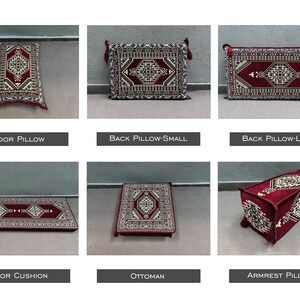 Pu&ograve; includere: Assortimento di sei cuscini da pavimento a motivi rosso e bianco, tra cui un cuscino da pavimento, un cuscino per la schiena, un cuscino da pavimento, un pouf e un cuscino per braccioli.