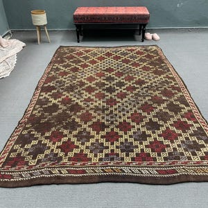 Vintage Kilim, Turkish Kilim, Large Kilim, Anatolian Kilim, Rugs For Living Room 5.7x8.2 ft Brown Kilim, Hand-Knotted Embroidered Kilim,