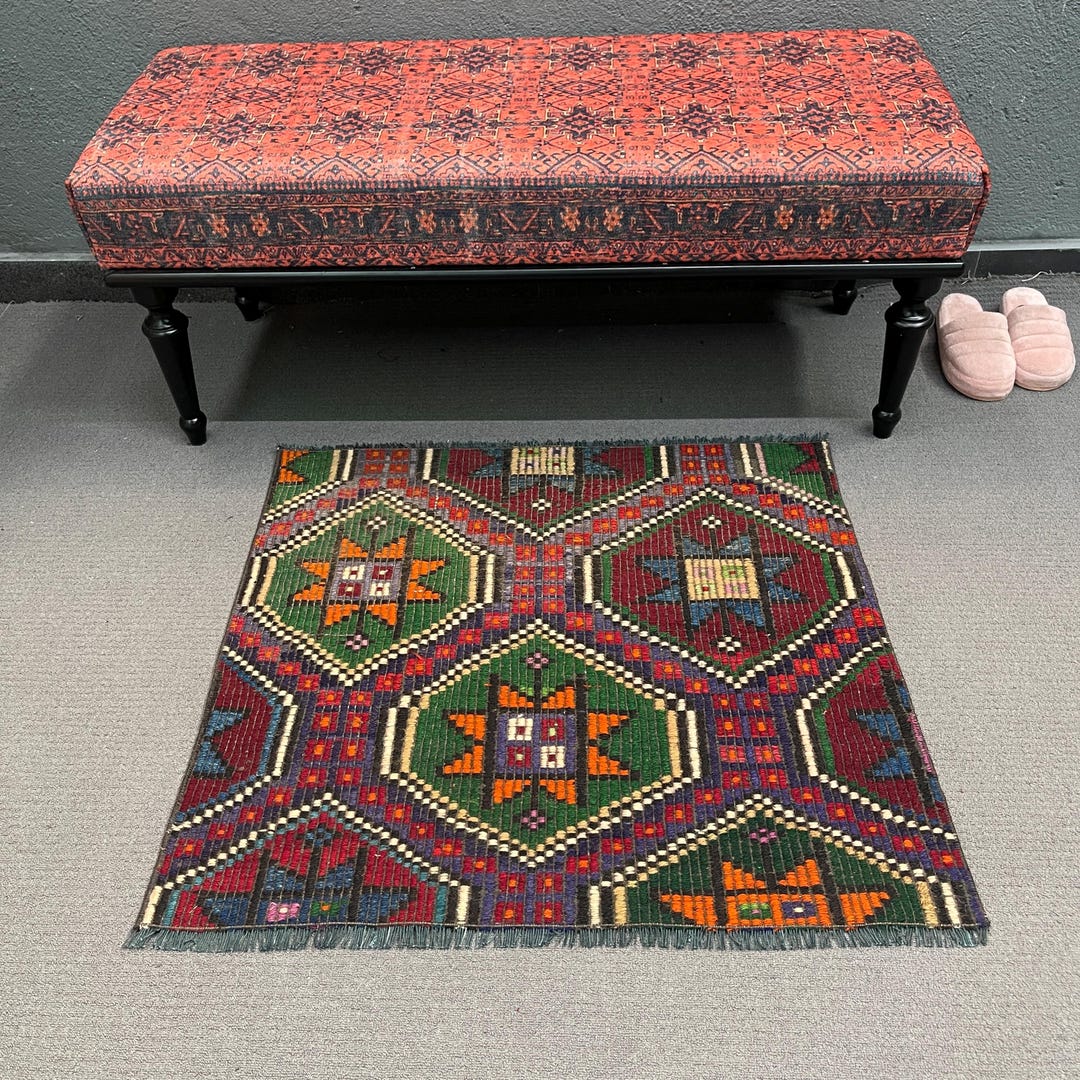 Turkish Vintage Small Rug 3x2.6 Ft, Red Green Ombré Wool Rug - Etsy