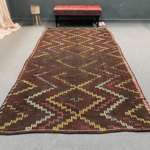 Turkish Kilim, Vintage Kilim, Large Kilim, Antique Kilim, Rugs For Dining Room, 5.4x10.3 ft Brown Kilim, Luxury Vintage Wool Area Rug,