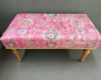 Pink Bench, Ottoman Bench, Dressing Bench, Bohemian Bench, Bench for Entry, Cushioned Bench, Hall Chair, Wood Bench, Turkish Rug Design,