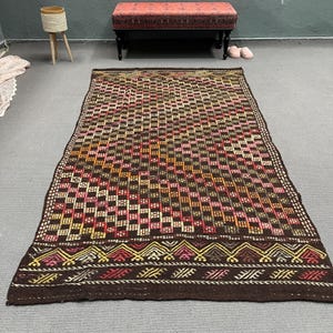Turkish Kilim, Vintage Kilim, Embroidered Kilim, Anatolian Kilim, Rugs For Living Room, 4.4x8.3 ft Brown Kilim, Distressed Turkish Kilim,