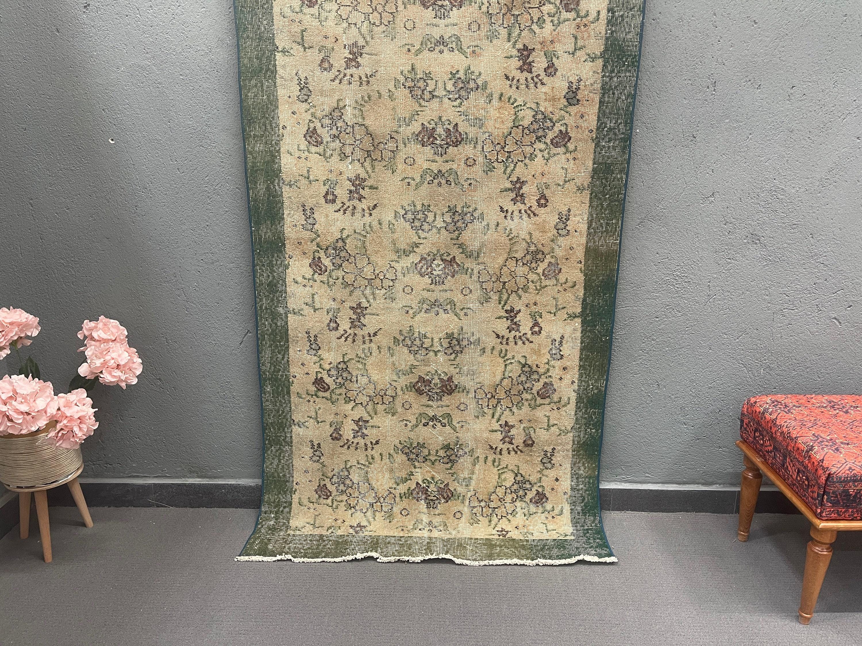 Vintage Turkish Rug Floral Pattern, 110x210cm, 4x7ft, Beige Oushak