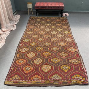 Large Kilim, Vintage Kilim, Turkish Kilim, Antique Kilim, Rugs For Bedroom, 5.2x10.1 ft Brown Kilim, Authentic Embroidered Turkish Kilim,