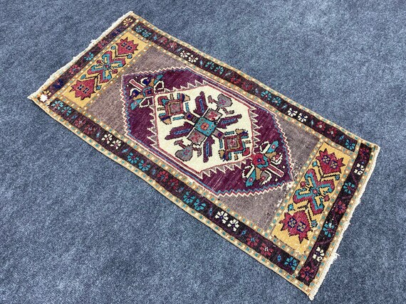 Vintage Rug, 1.6x3.2 Ft Small Turkish Rug, Red Blue Oriental Rug