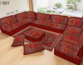 Traditional Ottoman Majlis Seating, Red Kilim Sofa Set, Ethnic Pattern Floor Cushion, Warm Tone Boho Sofa, Balcony Lounge Sofa Seating
