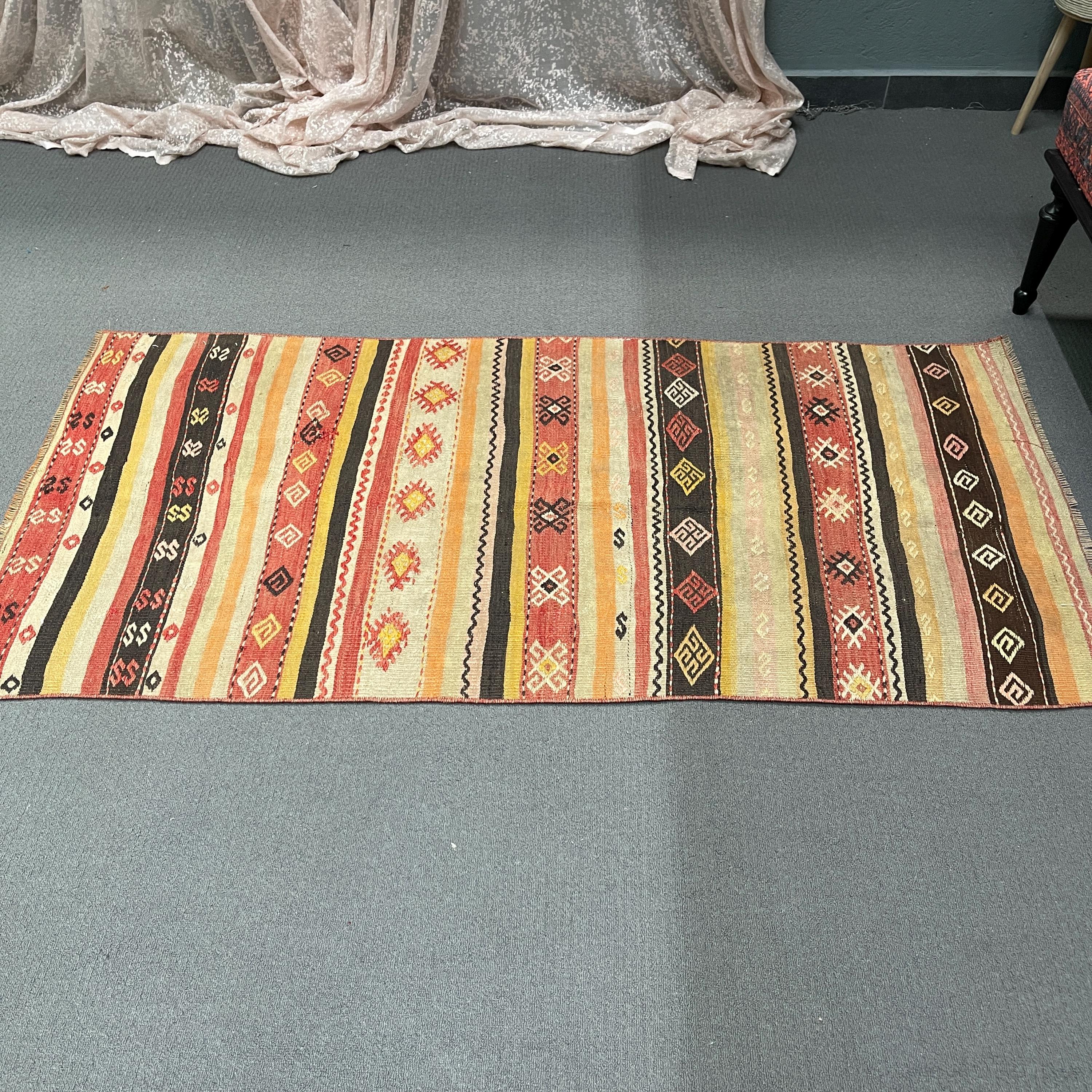 【kei】オレンジブラウンとネイビーのヴィンテージトルコラグ　No.561 Striped Rug, Area Rugs, Vintage Turkish Kilim, Carpet, Large