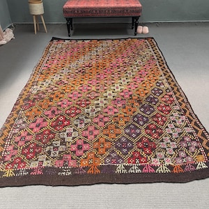 Vintage Kilim, Large Kilim, Embroidered Turkish Kilim, Antique Kilim, Rugs For Bedroom, 5.3x8.7 ft Brown Kilim, Distressed Turkish Rug,
