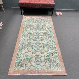 Vintage Turkish Rug, Floral Oushak, 3x7ft, 102x210cm