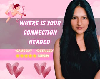 May include: A digital graphic featuring a person with long dark hair against a pink background. Text reads WHERE IS YOUR CONNECTION HEADED, SAME DAY, DETAILED, and REVIEWS with five yellow stars. A small cupid illustration and four pink hearts appear.