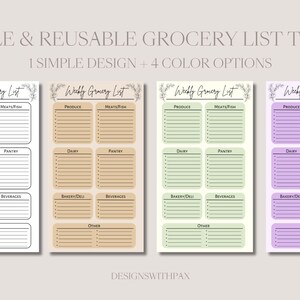 Printable and Reusable Grocery List Template + 4 Color Options