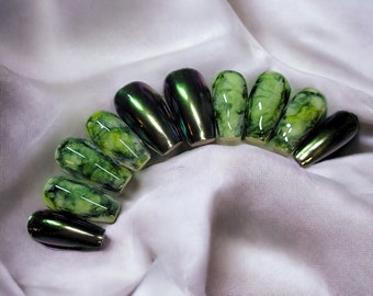 10 PC Coffin Press On Nail Set Green Marble St. Patrick's Day theme