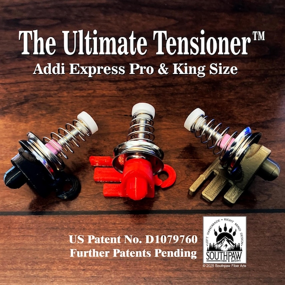 The Ultimate Tensioner™ a hands free addiExpress Professional & addi Express Kingsize knitting machine mechanical yarn tensioner.