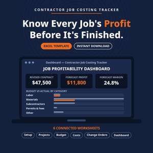 May include: A digital contractor job costing tracker Excel template displayed on a screen. The dashboard shows job profitability metrics including revised contract, forecast profit, and forecast margin, with a budget versus actual category chart.