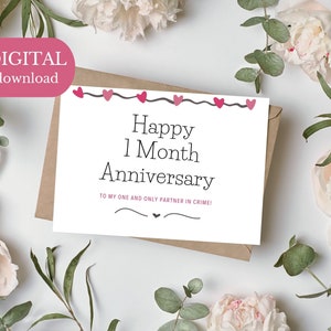 Tarjeta de aniversario de 1 mes imprimible Descarga instantánea de tarjeta de 7x5 pulgadas para aniversario mensual, tarjeta de aniversario de un mes para descargar