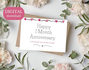Printable 1 Month Anniversary Card Instant download 7x5 inch card for monthiversary, One month anniversary card to download