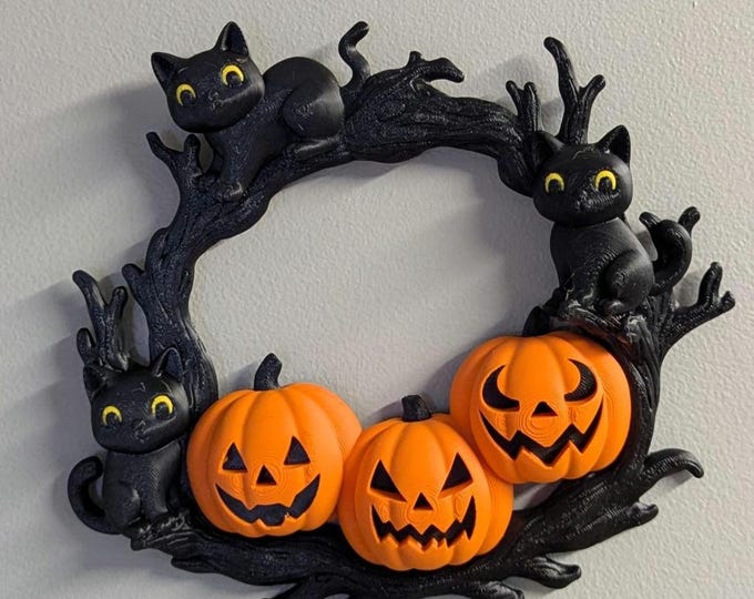 Featured listing image: Halloween wreath: black cats and pumpkins
