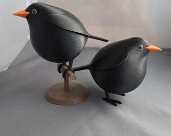 Fluffy Bird Black BirdTabletop Ornament Standing or with Perch