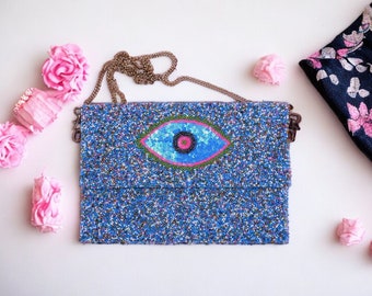 Blue beaded purse with eye - Mauvais Oeil - Evil Eye