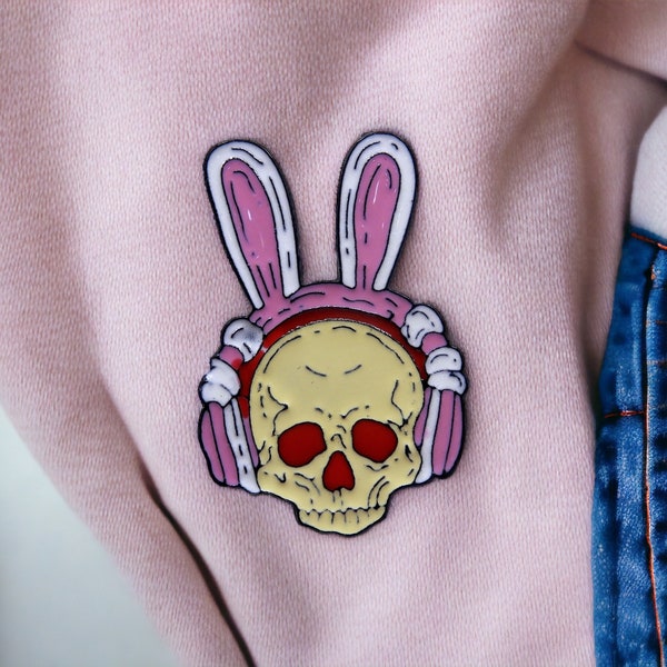 Brooch - Pink Rabbit Ear Skull Pin - Enamel Pin - Strange Scary Cute - Feminine Skull Girl - Feminist