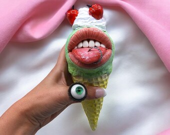 Ice Cream Mouth Sticking Out Tongue Piercing - Realistic Sculpture - Weird Scary Cute - OOAK- Weird Art - Pop Surreal - Polymerclay