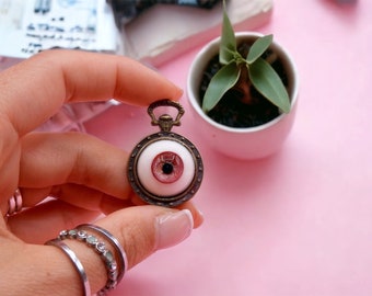 Clock pendant with Red Rose eye, ALICE in Wonderland - Creepy Eye