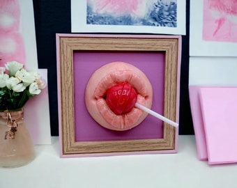 Mouth with Lollipop in Frame - Raspberry ChupaChups - Realistic Sculpture - Strange Scary Cute - Creepy Mouth