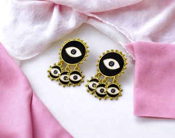 Black Eye Dangle Earrings - Stainless Steel Realistic Strange Scary Cute - Eyeball - OOAK - Evil Eye - Evil Eye