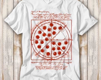 May include: White t-shirt with a red graphic of a pizza with the text "Figure no. 7 Divine Geometry" and a description of the pizza in Latin.