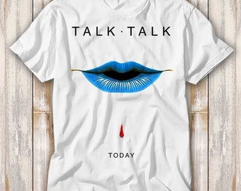 May include: White t-shirt with the text "TALK.TALK" printed in black at the top. A blue mouth with a black interior is printed in the center. The word "TODAY" is printed in black at the bottom with a red drop above it.