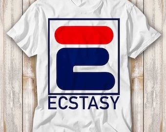 May include: White t-shirt with a blue and red logo that says "ECSTASY" in a bold font.