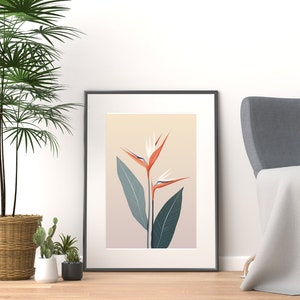 Birds of Paradise Illustration Wall Art Print, Scandinavian Style, Neutral Palette, Muted Tones, Abstract Shadow, Two Tone Design