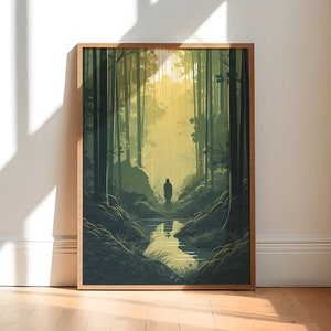 Impresión de arte de descarga digital de bambú / Inspirado en Ukiyo-e / Bosque de bambú denso / Arte verde esmeralda / Camino sereno / Arte de pared verde
