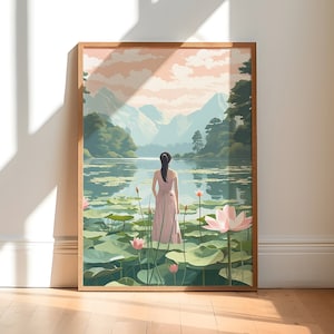 Lotus Flower Art Print | Japanese Lotus Art | Ukiyo-e Art Print | Lotus Wall Art | Large Wall Art | Zen Garden | Japanese Decor