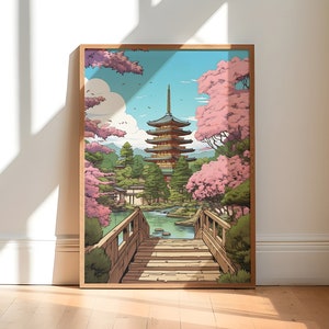 Japanese Art Print Cherry Blossom Wall Art Cherry Blossom Print Japanese Shrine Art Zen Garden Nature Art Temple Artwork image 1