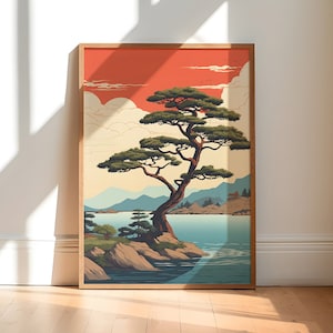 Japanese Landscape Art Print | Ukiyo-e Style | Bonsai Poster | Red Sky Art | Minimalist Wall Art | Zen Garden | Tranquil Scene | Home Decor