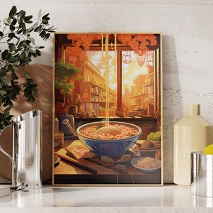 Pobierz cyfrową sztukę Ramen | Styl Ukiyo-e | Wydruk sztuki makaronu | Plakat Ramen | Japońska sztuka kuchenna | Japońska ilustracja